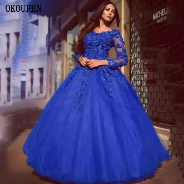 

Quinceanera Dresses 2021 Royal Blue Scoop Long Sleeves Sweet 16 Prom Birthday Party Ball Gown vestido de 15 anos Formal Party
