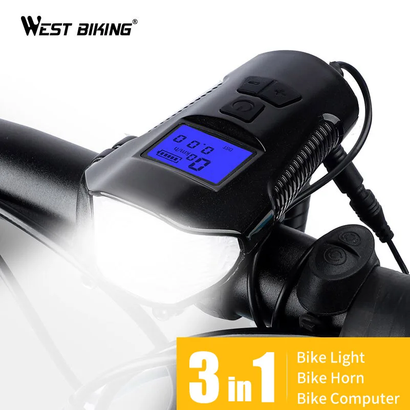 WEST BIKING Многофункциональный велосипедный светильник USB Перезаряжаемый велосипедный компьютер с электрическим рогом звонок на руле велосипеда велосипедный головной светильник
