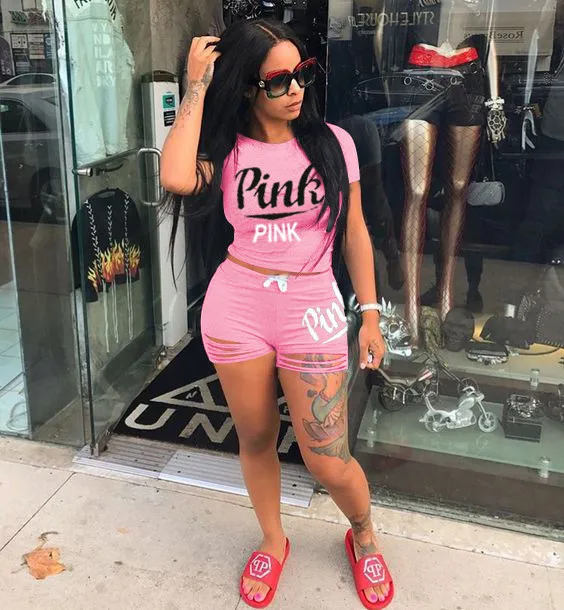 Модный летний розовый спортивный костюм комплект из двух предметов для женщин 2