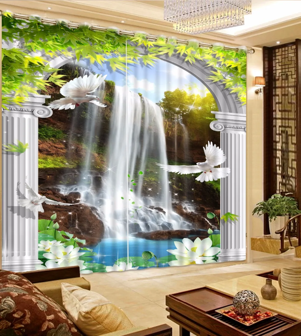 

2017 European Bedroom Curtains Refined lifelike waterfall landscape Window Curtain 3D Kitchen Curtains Drapes