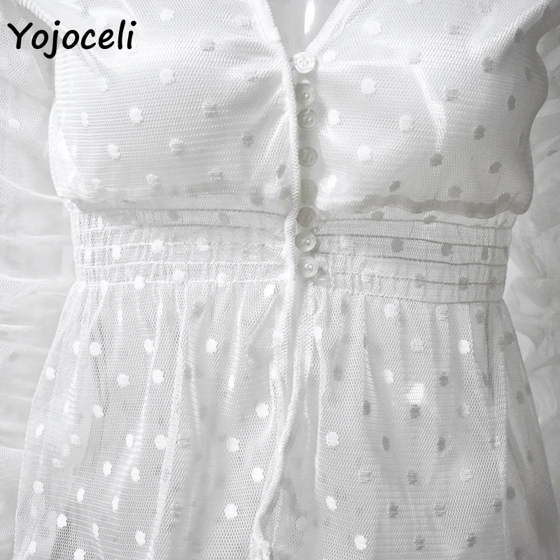 Yojoceli Весна-осень 2019 кружевное платье в горошек женские блузки рубашки Длинные