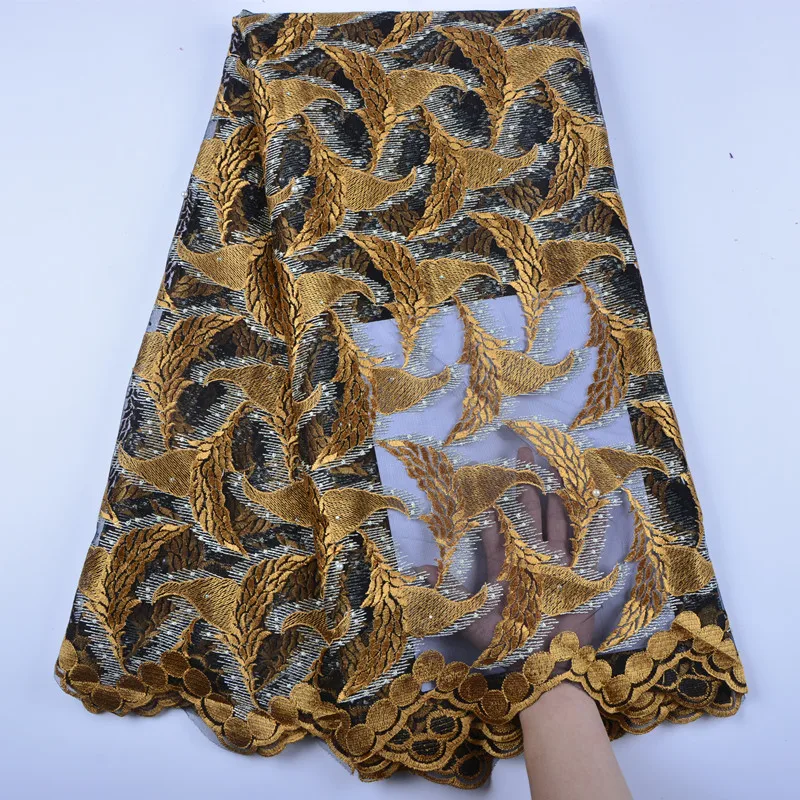 

African Beaded Gold Lace Fabrics For African Party, Wedding Lace Embroidered Fabric, African Voile Tulle Lace Fabric 1341