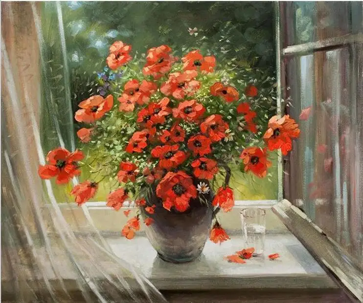 

oneroom the flowers of the Window Cotton Embroidery Crafts Needlework 14CT Unprinted Cross Stitch Kits DMC DIY Quality