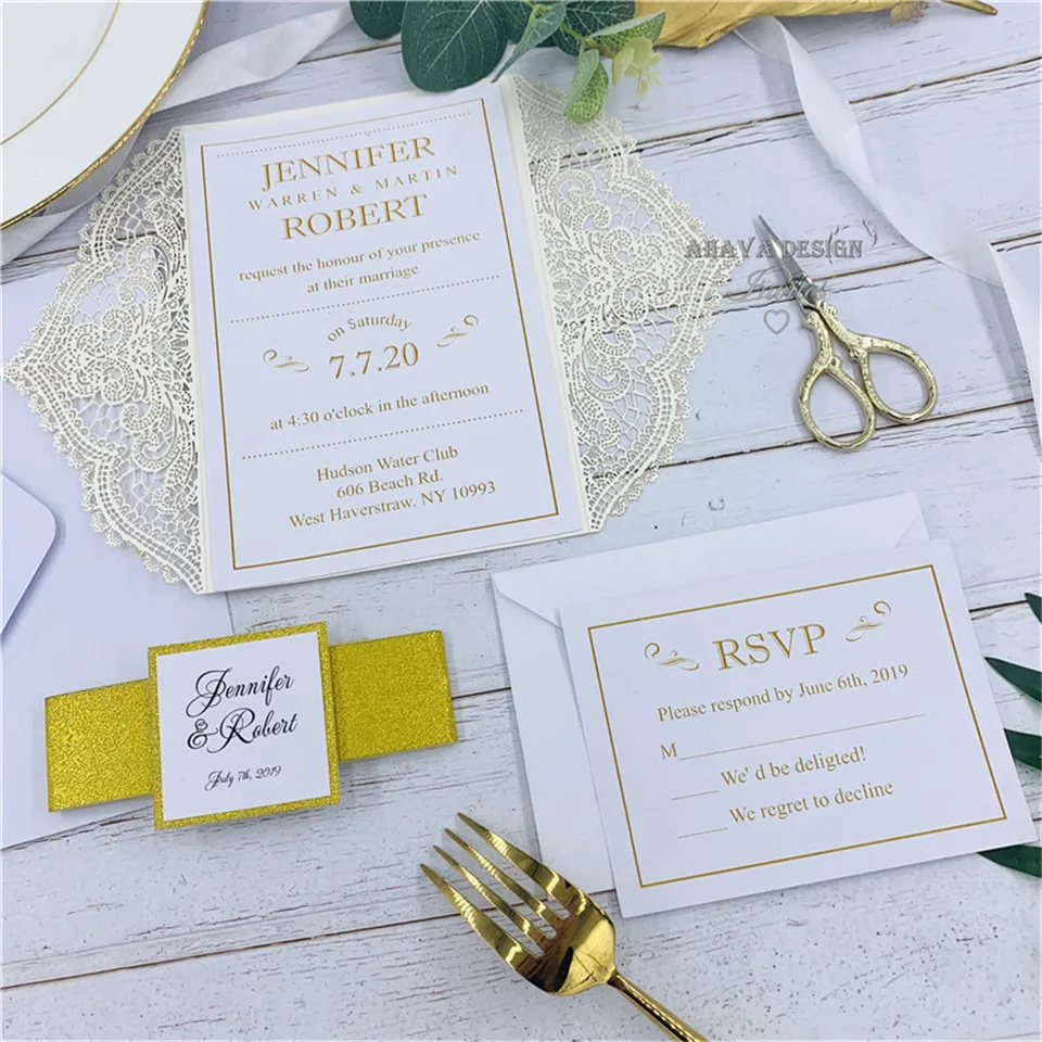 Luxury Pearl Ivory Laser Cut Wedding Invitation With Glitter Gold Belly band Customized Insert | Дом и сад