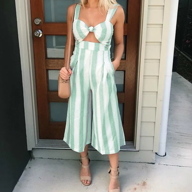 

Hollow Out Strappy-backless Striped Wide-leg Pants Women Fashion Jumpsuit High Street Casual Overalls Romper 2019 New Arrival