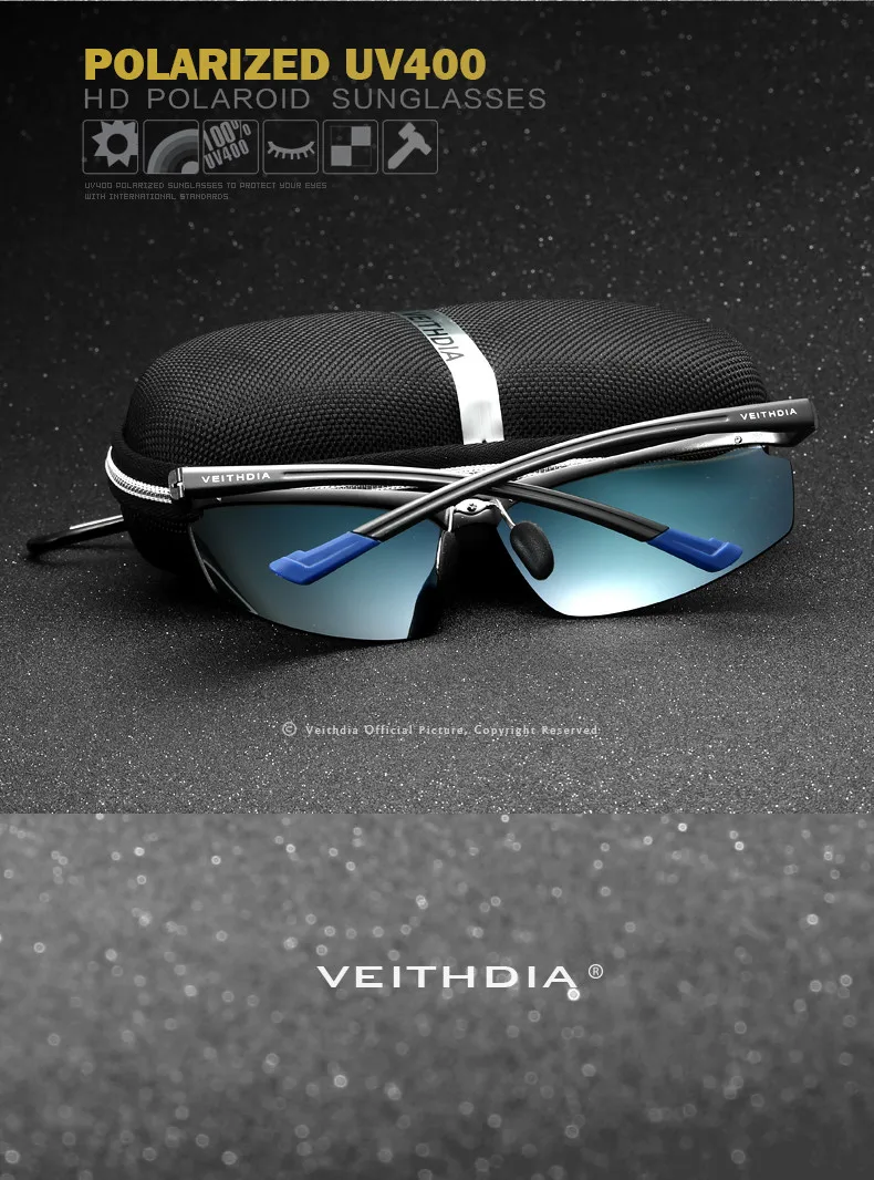 Мужские солнцезащитные очки без оправы VEITHDIA, из алюминиево-магниевого сплава с синими зеркальными поляризационными стеклами, степень защиты UV400, модель 6587