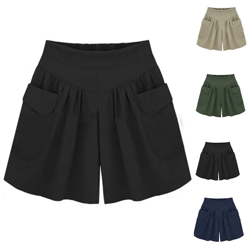 Casual High Waisted Shorts Pockets Summer Elastic Waist Army Green Bottoms Black Plus Size Slim Loose Ladies Feminino | Женская одежда