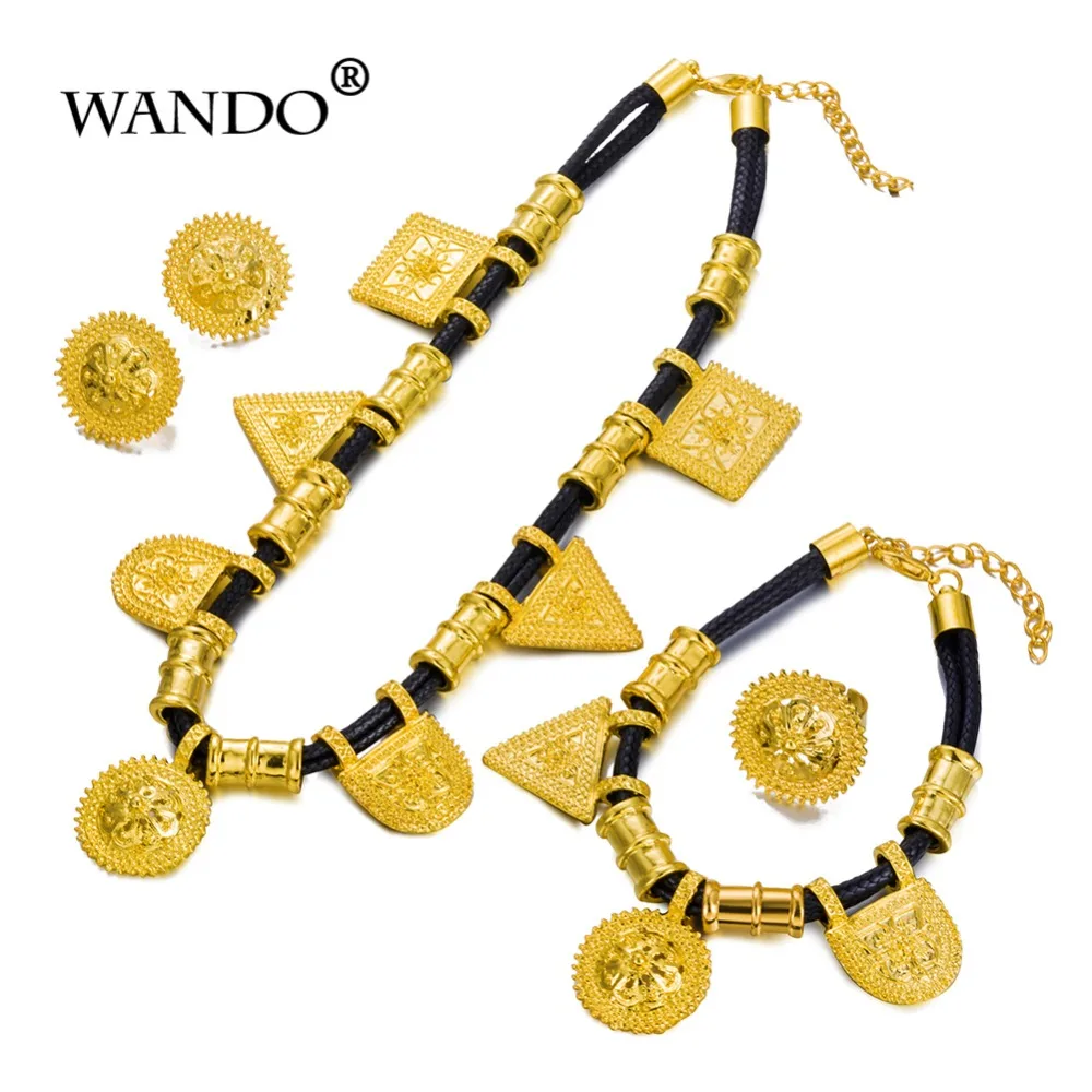 Фото WANDO Эфиопии ювелирных изделий комплект Для женщин 24 К золото Цвет Цепочки и