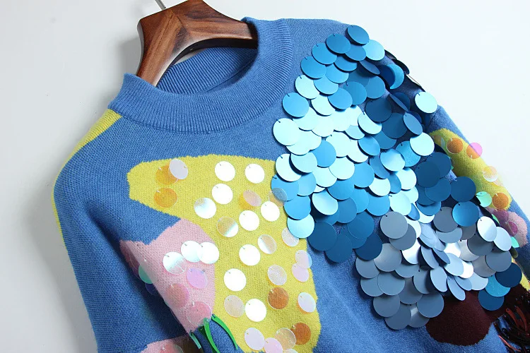 New Runway 2019 Autumn Women's Sweaters Luxury Sequined Patchwork Basic Knitted Female Loose Jumper Casual Sweater High Quality | Женская