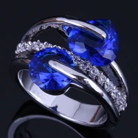 classy heart shaped round blue cubic zirconia white cz silver plated ring v0466