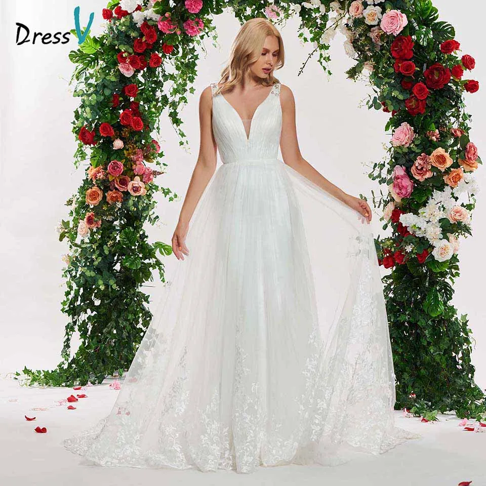 

Dressv ivory elegant a line wedding dress v neck appliques lace up floor length bridal outdoor&church wedding dresses