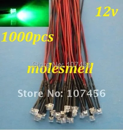 Free shipping 1000pcs 5mm Flat Top Green LED Lamp Light Set Pre-Wired 5mm 12V DC Wired 5mm 12v big/wide angle green led