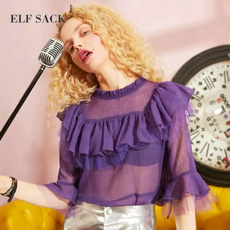 Женская шифоновая блузка ELF SACK желтая с рукавами бабочками фиолетовая сетчатая