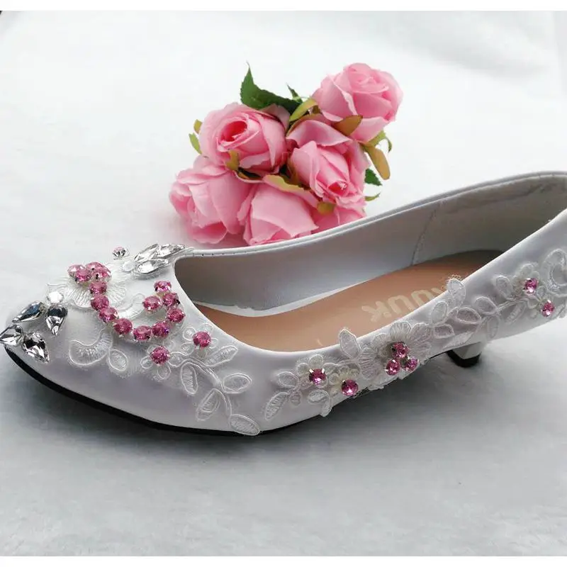 Pink crystal rhinestones wedding shoes bride white lace round toes small low heel lady female party proms dress | Обувь