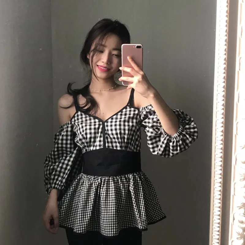 Корейская одежда клетчатые блузки женское с буфами рукавом v образным вырезом