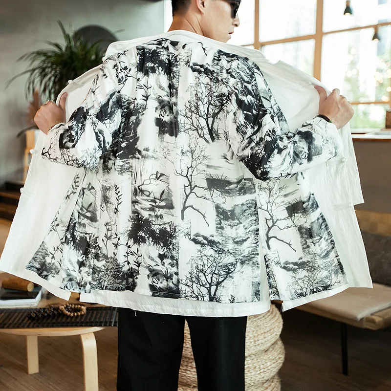 Мужская весенне-осенняя куртка из хлопка и льна Тренч с цветочным принтом костюм