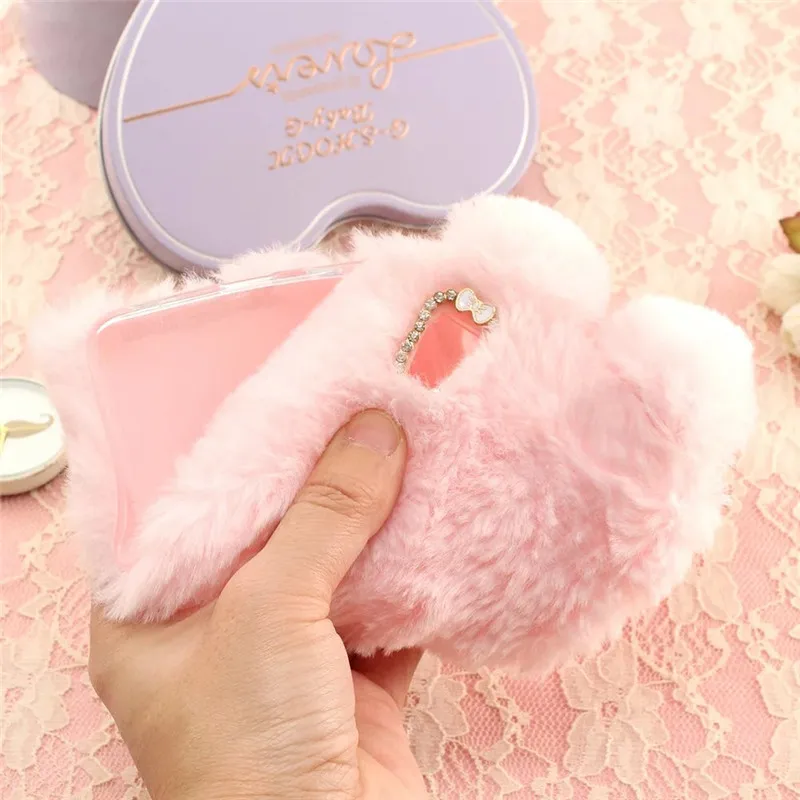 Чехол из ТПУ с пушистым мехом в форме кролика Bosilang украшенный стразами хороший