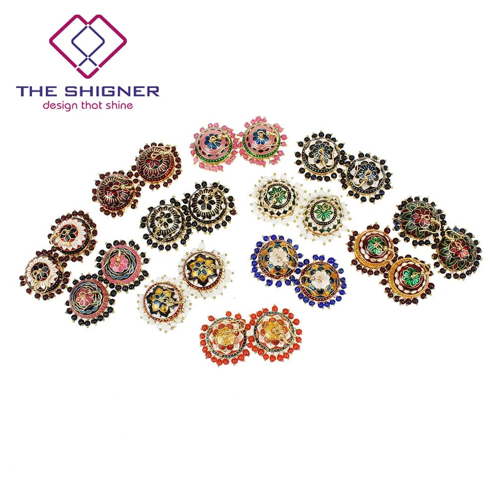 Классические индийские эмалированные сережки Meenakari золотого оттенка Jhumka Jhumki