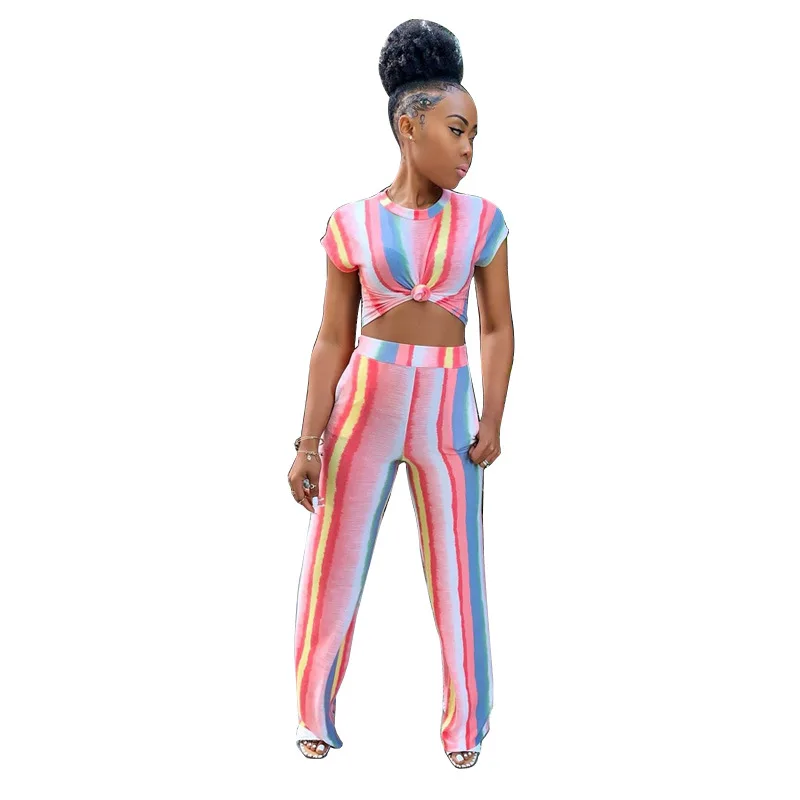 Женский Летний Полосатый хлопковый укороченный топ с широкими штанинами