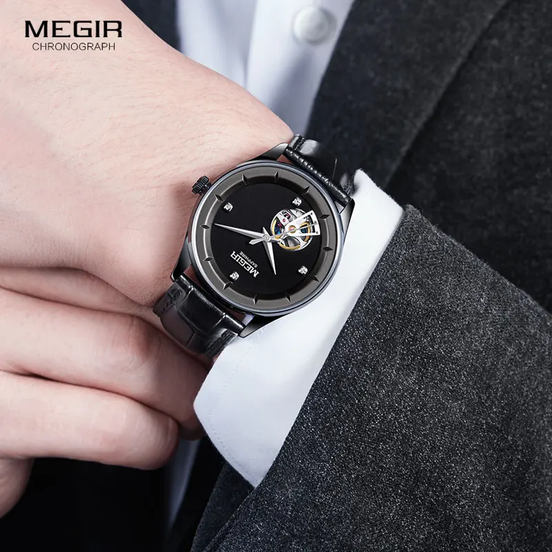 MEGIR Мужские часы механические Tourbillon Роскошные модные брендовые кожаные мужские спортивные часы мужские автоматические часы Relogio Masculino