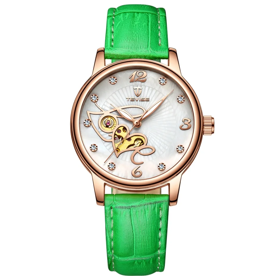 green TEVISE T835A автоматические часы для женщин механические часы время Фазы Луны модные светящиеся кожаные водонепроницаемые женские наручные часы - Цвет: green