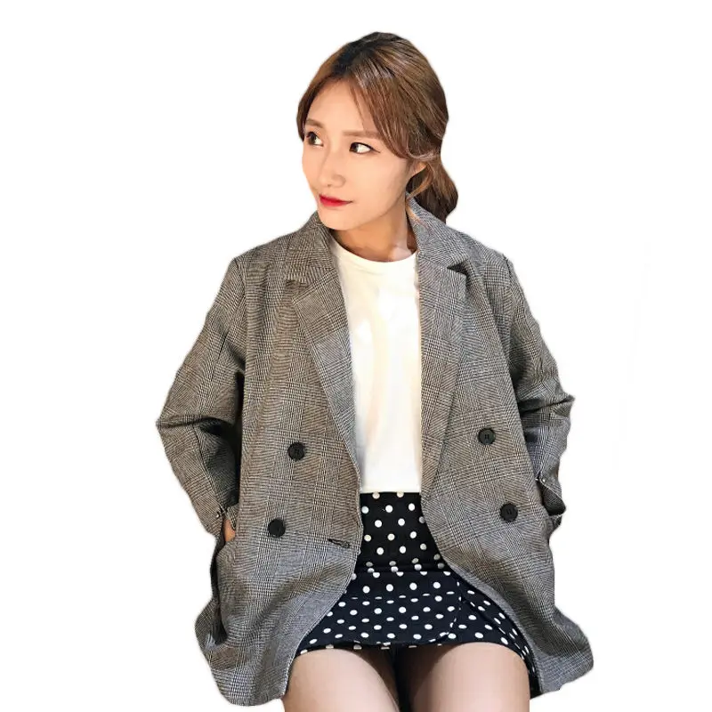 Женский клетчатый пиджак свободный двубортный короткий Повседневный в