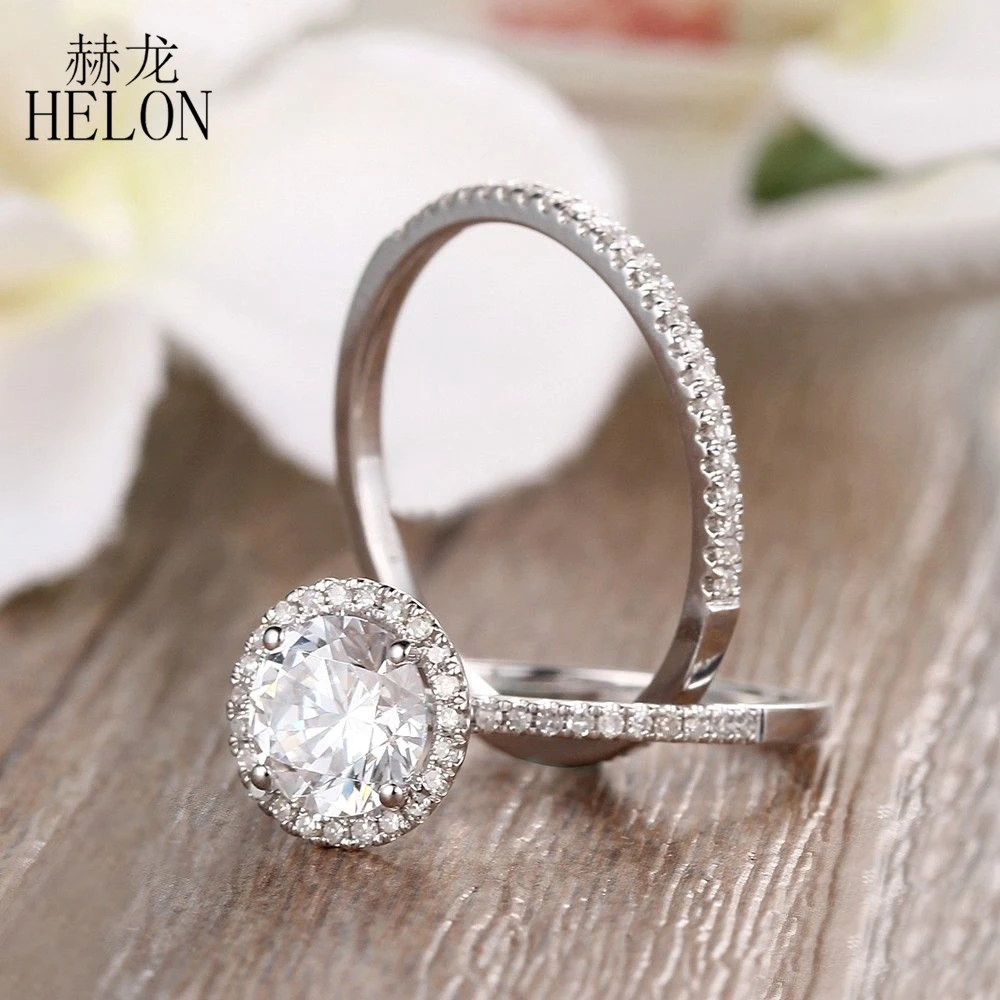 HELON Solid 14 К белого золота бриллианты кольцо набор 1.2ct карат Лаборатория Grown Moissanite обручение Обручальное Свадебные для женщин ювелирные
