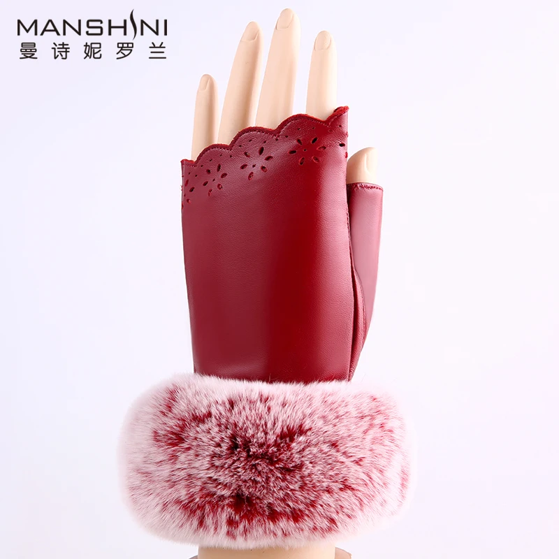 

New stylish genuine leather mitten woman rabbit's hair half-finger gloves Korean students writing missing finger gloves 099