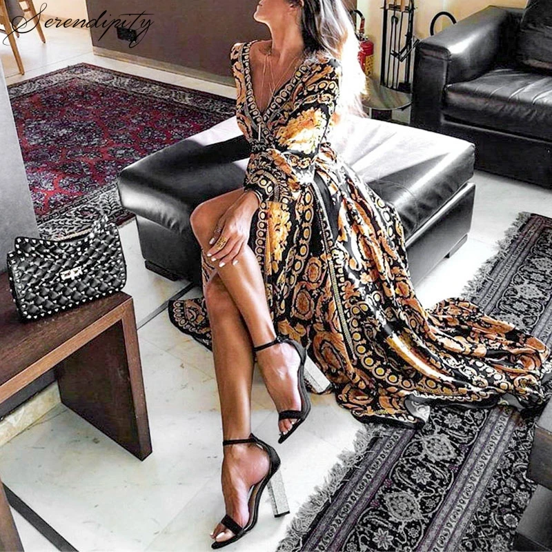 Женское платье с длинным рукавом SRDP винтажное длинное в стиле бохо принтом