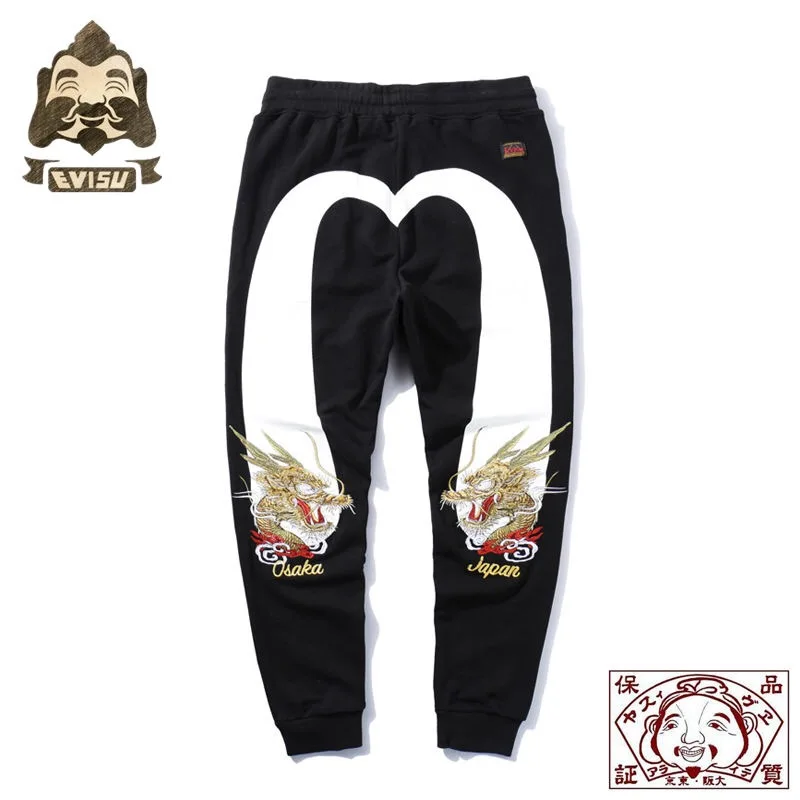 Evisu высокое качество мужские брюки с вышивкой дракона Мужские повседневные брюки хлопок теплые дышащие спортивные брюки мужские повседневные брюки - Цвет: black 086