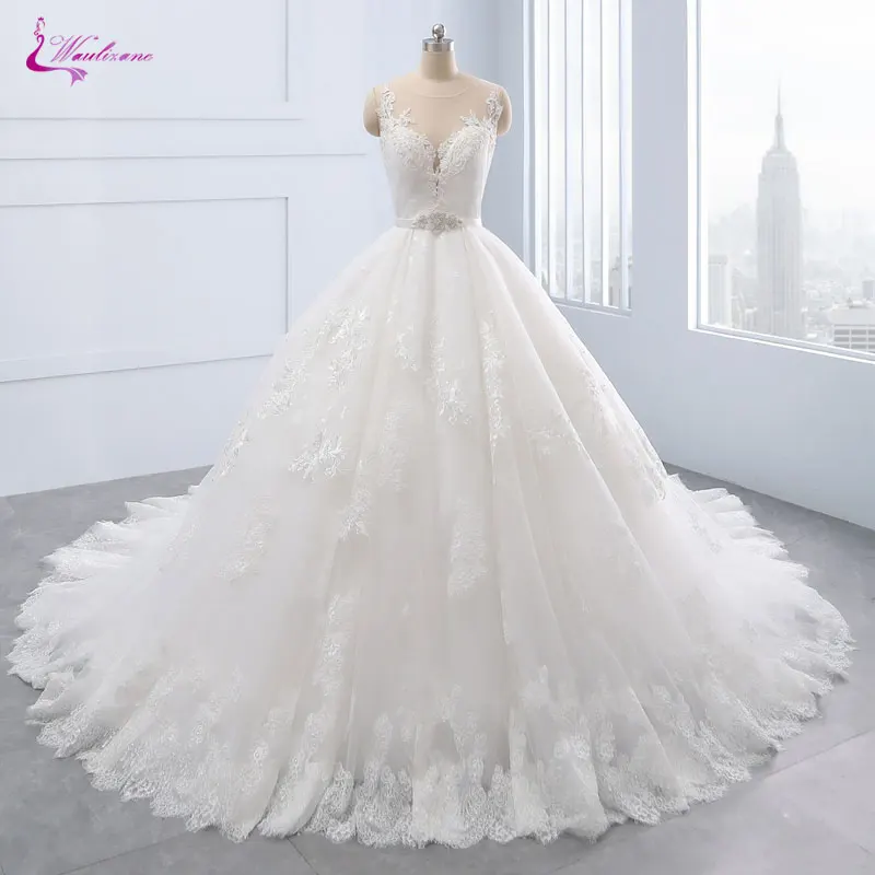 Waulizane Charming Silky Tulle Scoop Ball Gown Wedding Dresses Shiny Beading Sashes With Button Sleeveless Princess Bride Dress | Свадьбы и