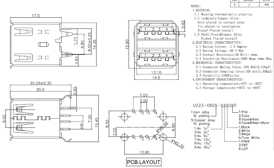 50 шт. разъем USB 2 0 типа А с двумя вертикальными сквозными отверстиями |