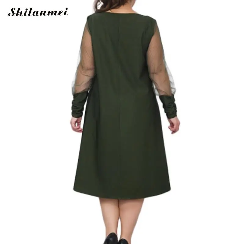 Casual Loose Midi Dress Women Plus Size 6XL 2018 Autumn Long Sleeve A-Line Dresses Summer Mesh Patchwork Irregular Vestidos Robe | Женская
