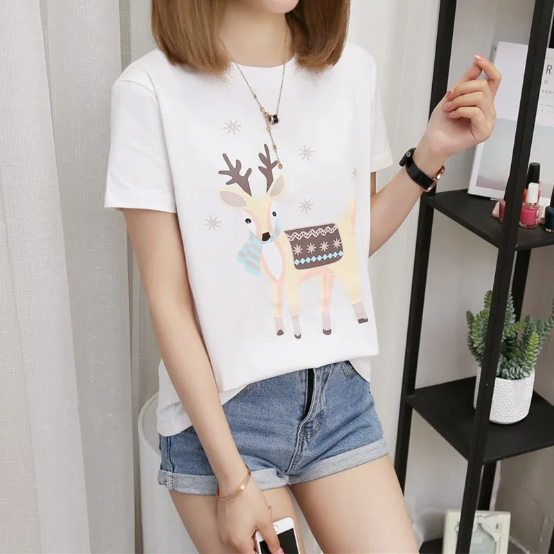 New Women T Shirt Cartoon Fawn O-Neck Tops Tees Summer Female T-Shirt Deer Print Fashion Ladies Funny Clothes Plus Size M-5XL | Женская