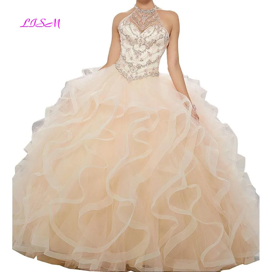 Photo Color Органза Кристаллы бисером бальное платье Бальные платья Сладкий Vestidos De 15 Anos индивидуальный заказ Небесно голубой Холтер Длинные платья для выпускного вечера - Цвет: Photo Color