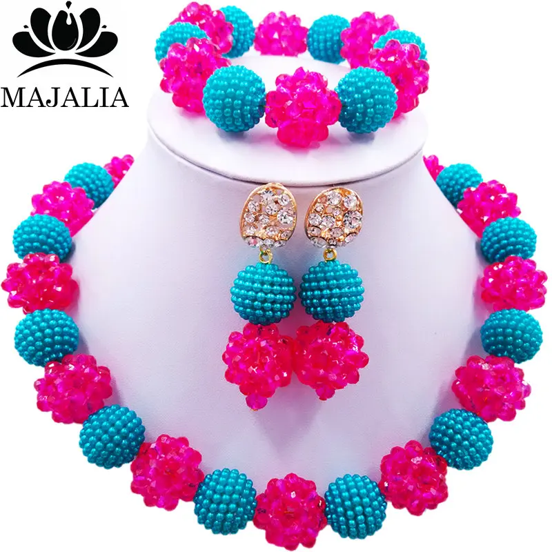 

Majalia Fashion Nigeria Wedding African Beads Jewelry Set Hot pink Crystal Plastic Pearl Necklace Bridal Jewelry Sets 1ZS035