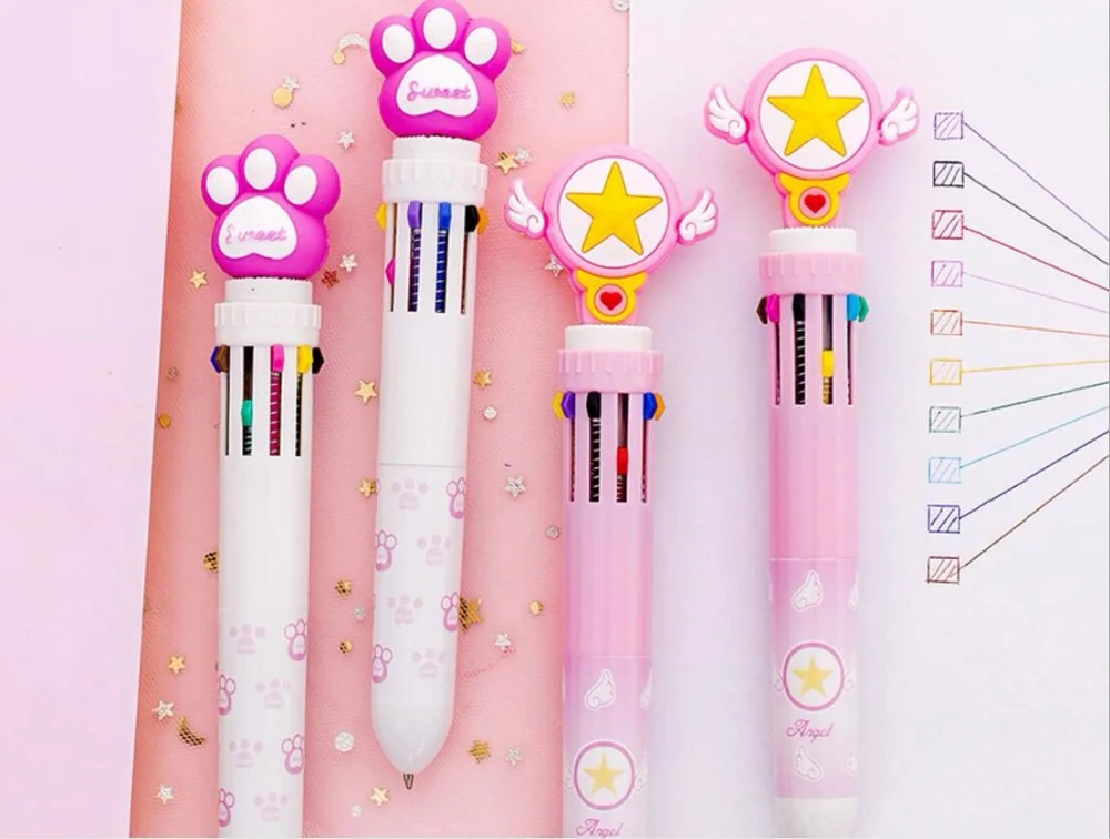 account pen bear claw design Multicolor press ballpoint 10 in 1 color cute school prize gift student 36pc | Канцтовары для офиса и