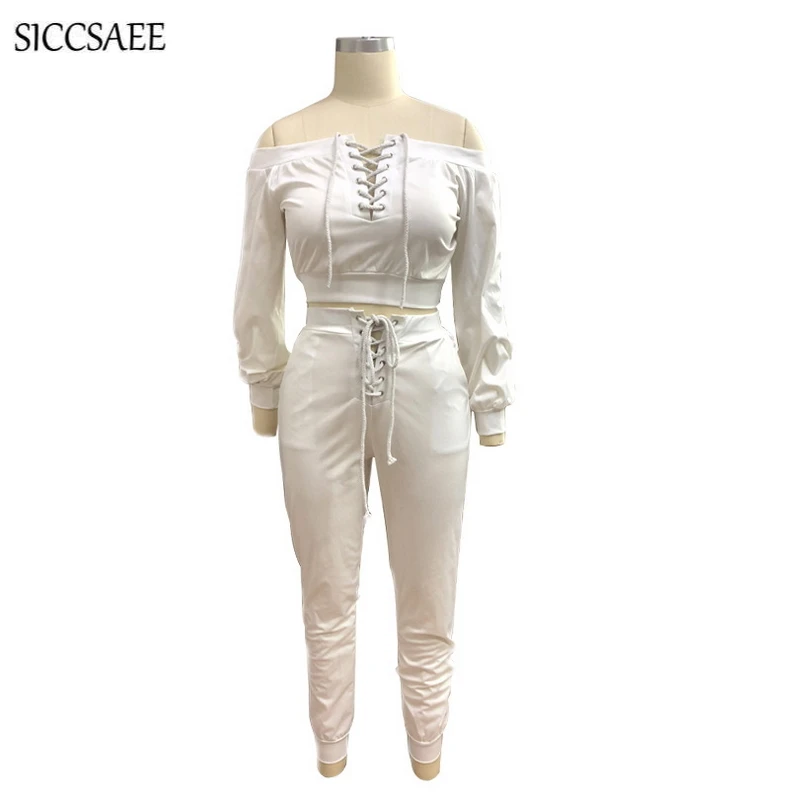 Backless Crop Top Off Shoulder Slash Neck Ribbons Lace Up Long Pants Suits Two Piece Set Women's Sexy Casual Outfits White Fall | Женская