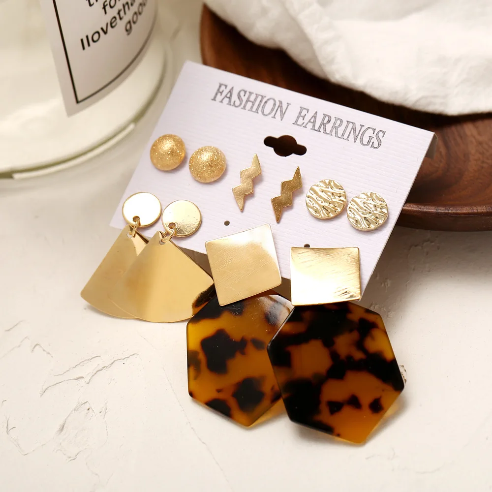 

Cheap Women Bride Female Like Casual Acrylic Leopard Geometric Dangle Earring Gold Fan-shaped Round Drop Earring Set 5Pcs/Set