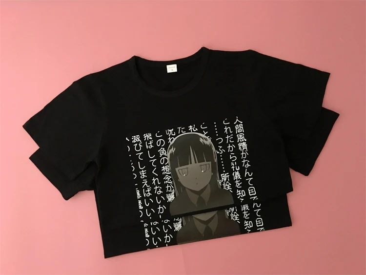 Японский Темный девушка Kawaii футболки лето Harajuku Готический аниме Графический Женский Черный Топ корейский лучший друг Женские футболки Одежда