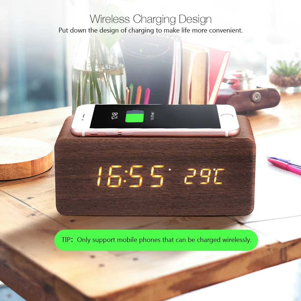 Digoo DG-AC80, Беспроводная зарядка, голосовое управление, цифровой Деревянный Будильник, светодиодный 12/24 часовой дисплей, термометр, температурные часы