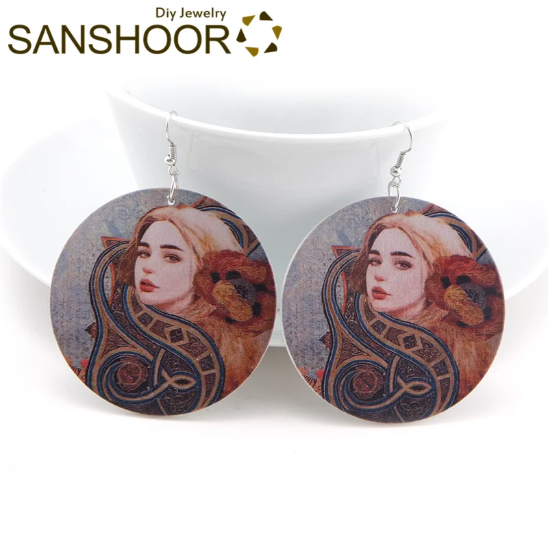 Винтажные деревянные серьги подвески SANSHOOR с рисунком Африканской королевы