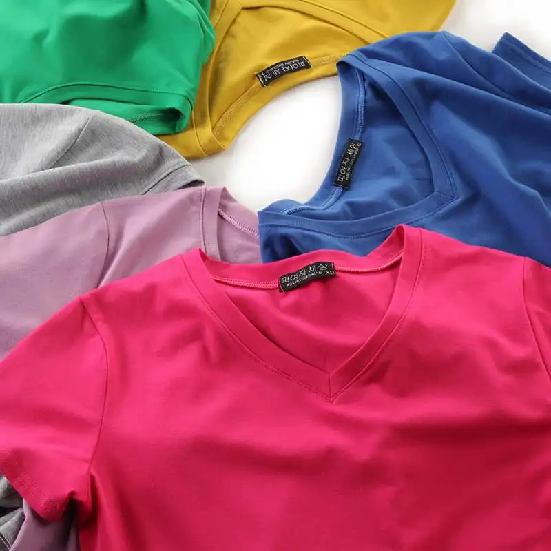 new 2019 spring summer Women cotton tops tees t-shirts short sleeve Casual tunic basic shirt t candy color V-neck green | Женская одежда