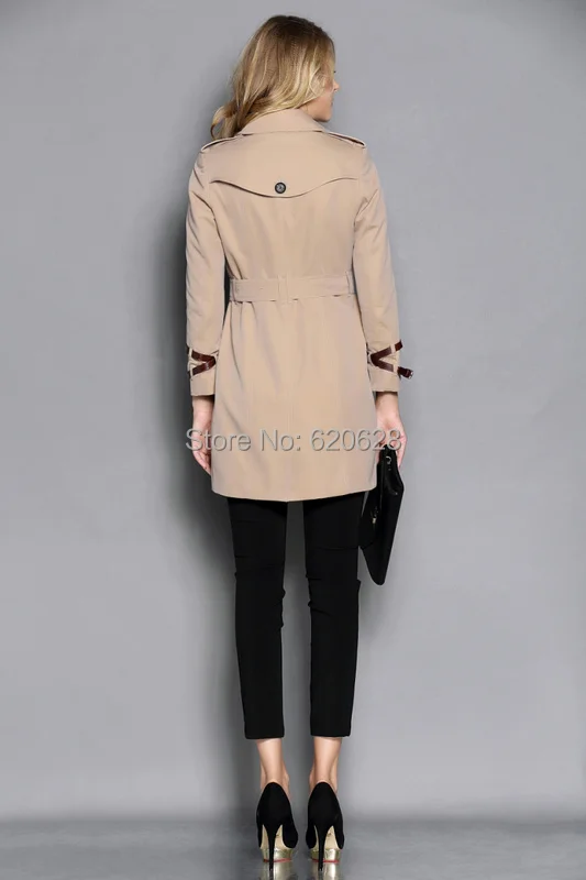 New 2014 Women Fashion Double Breasted Leather Buckle Trench Coat/High Quality Designer Elegant Khaki Black F320B016 | Женская одежда
