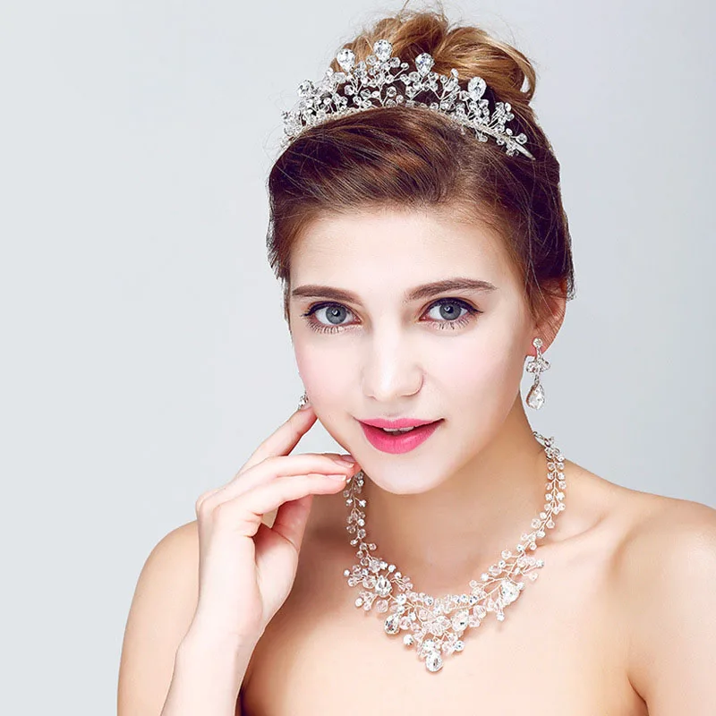 

SLBRIDAL Handmade Gold Rhinestones Crystal Pearls Flower Leaf Wedding Jewelry set Bridal Necklace Earring Tiara Set Bridesmaids