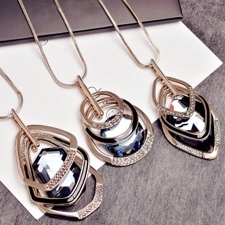 Для женщин Личность Геометрическая Большой Кристалл Длинная цепочка свитер