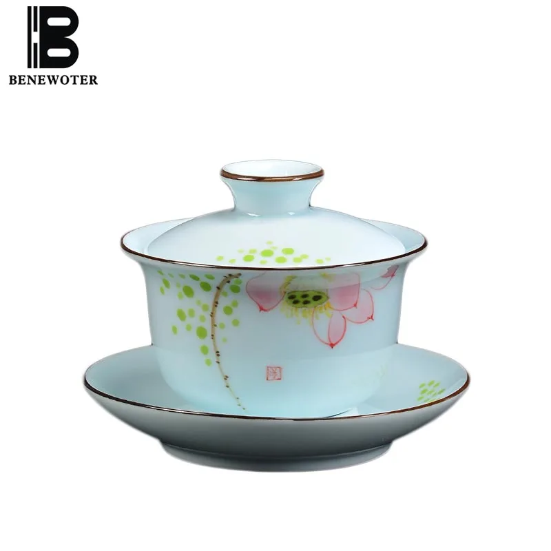 140 мл бутик Longquan Celadon Gaiwan чайная посуда ручная роспись Лотос чашка керамика мастер