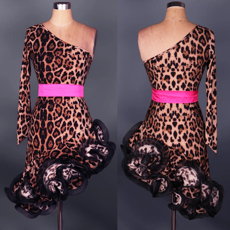 

Latin dance costume senior sexy spandex leopard single sleeves latin dance dress for women latin dance competition dresses S-4XL
