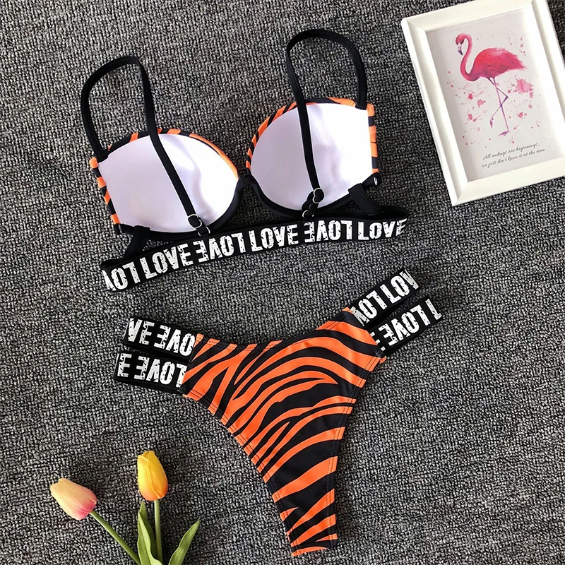 Сексуальный купальник бикини с буквенным принтом, Женский комплект бикини с пуш-ап, женский купальник с бретелькой через шею, купальный костюм, бразильское бикини