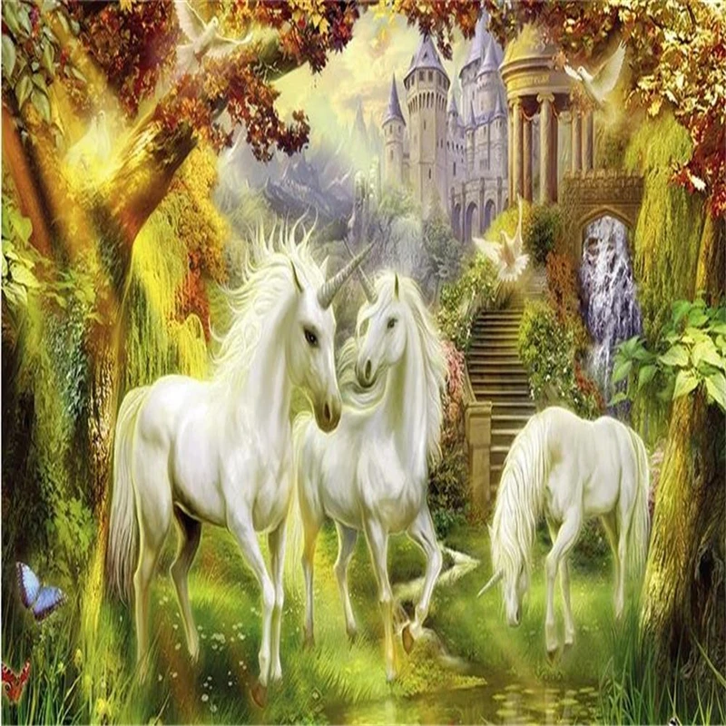 beibehang 3D room wallpaper high-end custom murals non-woven wall sticker European forest horse photo TV background | Обустройство